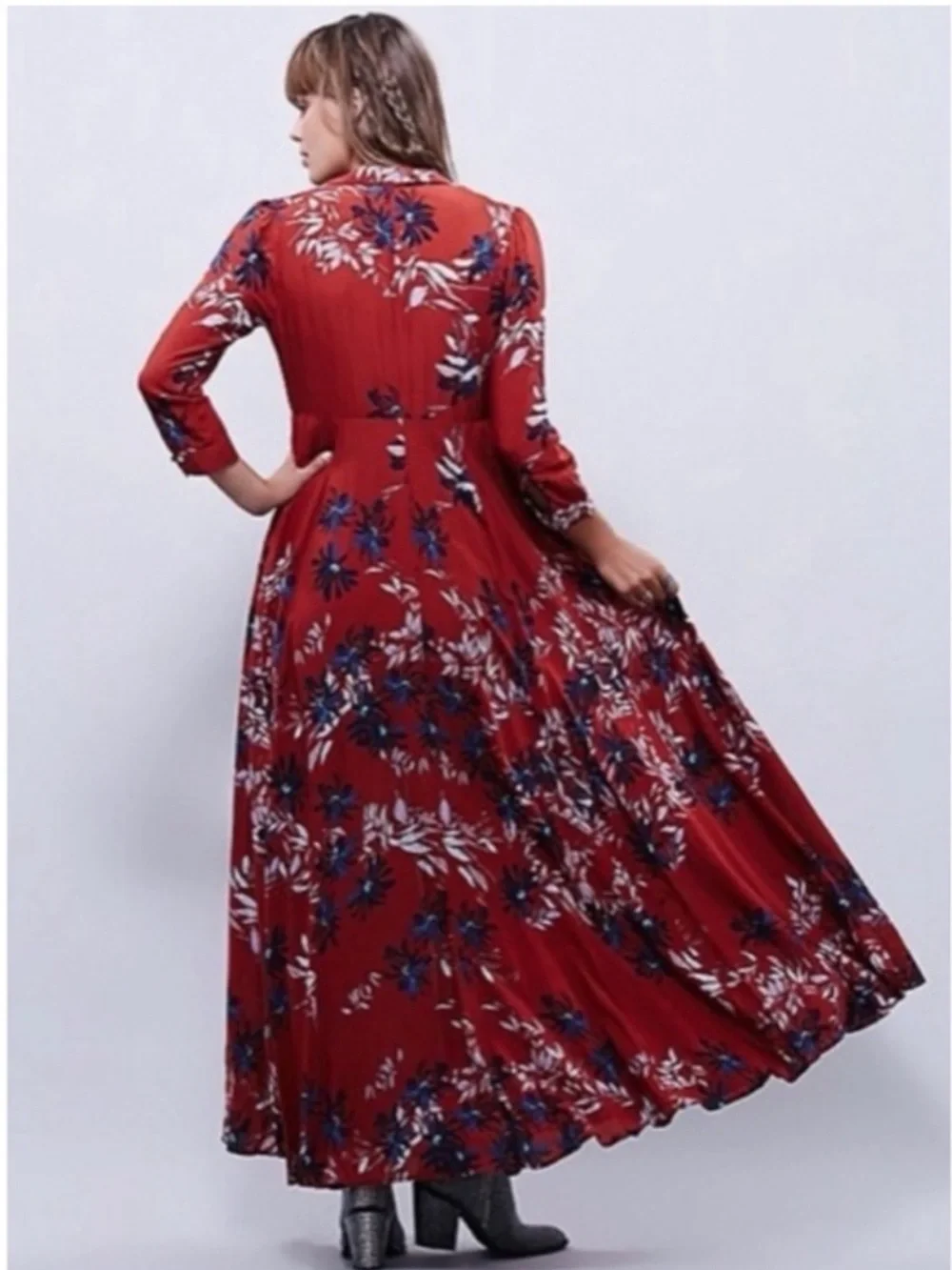 Free People Red After The Storm Floral Print Boho Maxi Shirt Dress Size 12